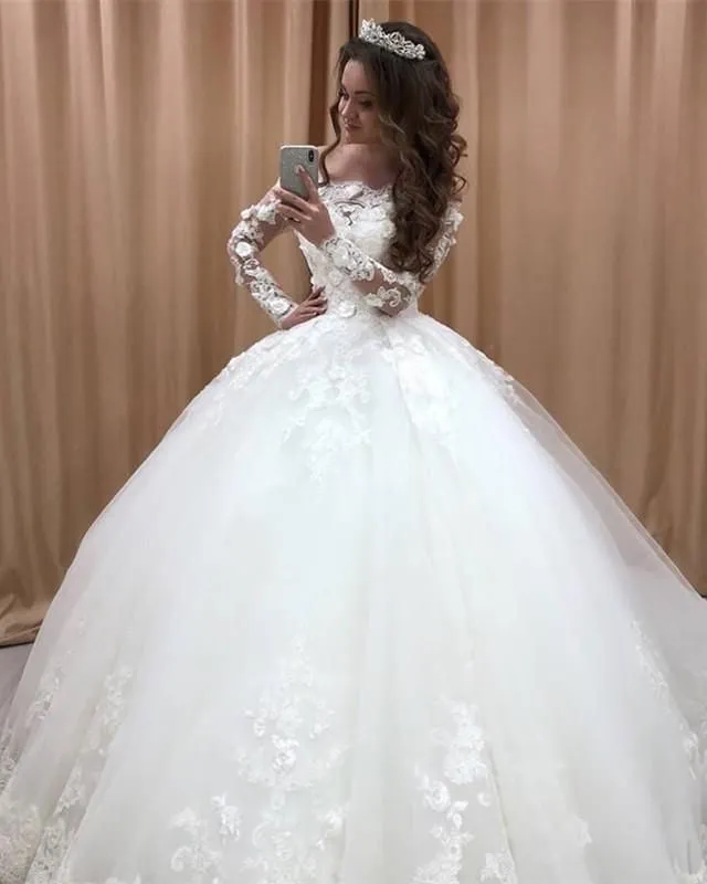 Delicate Lace Tulle Wedding Dress Ball Gown Floral Appliques Long Sleeve Princess Bridal Gowns