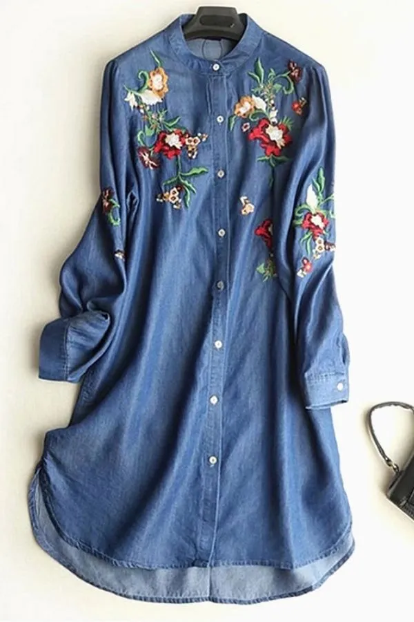 Denim Cotton Embroidery Mini Dress