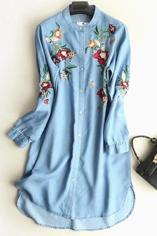 Denim Cotton Embroidery Mini Dress