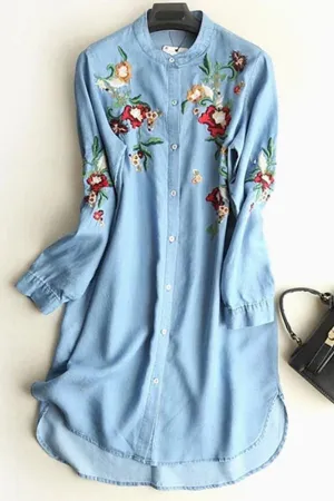 Denim Cotton Embroidery Mini Dress