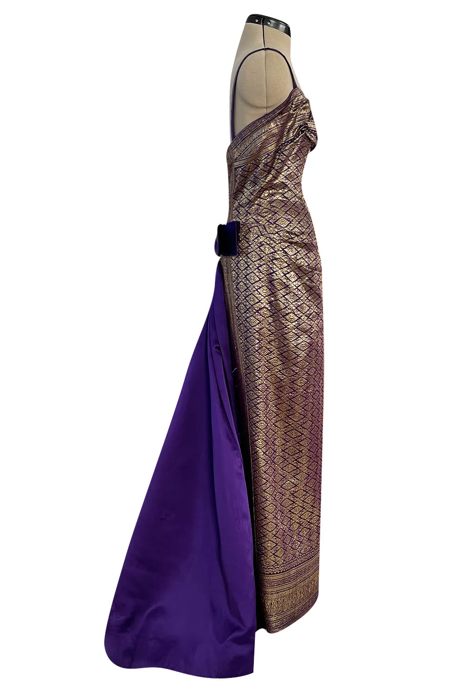 Divine 1955 Maggie Rouff Haute Couture Metallic Gold Silk Brocade Dress w Purple Silk Back Skirt