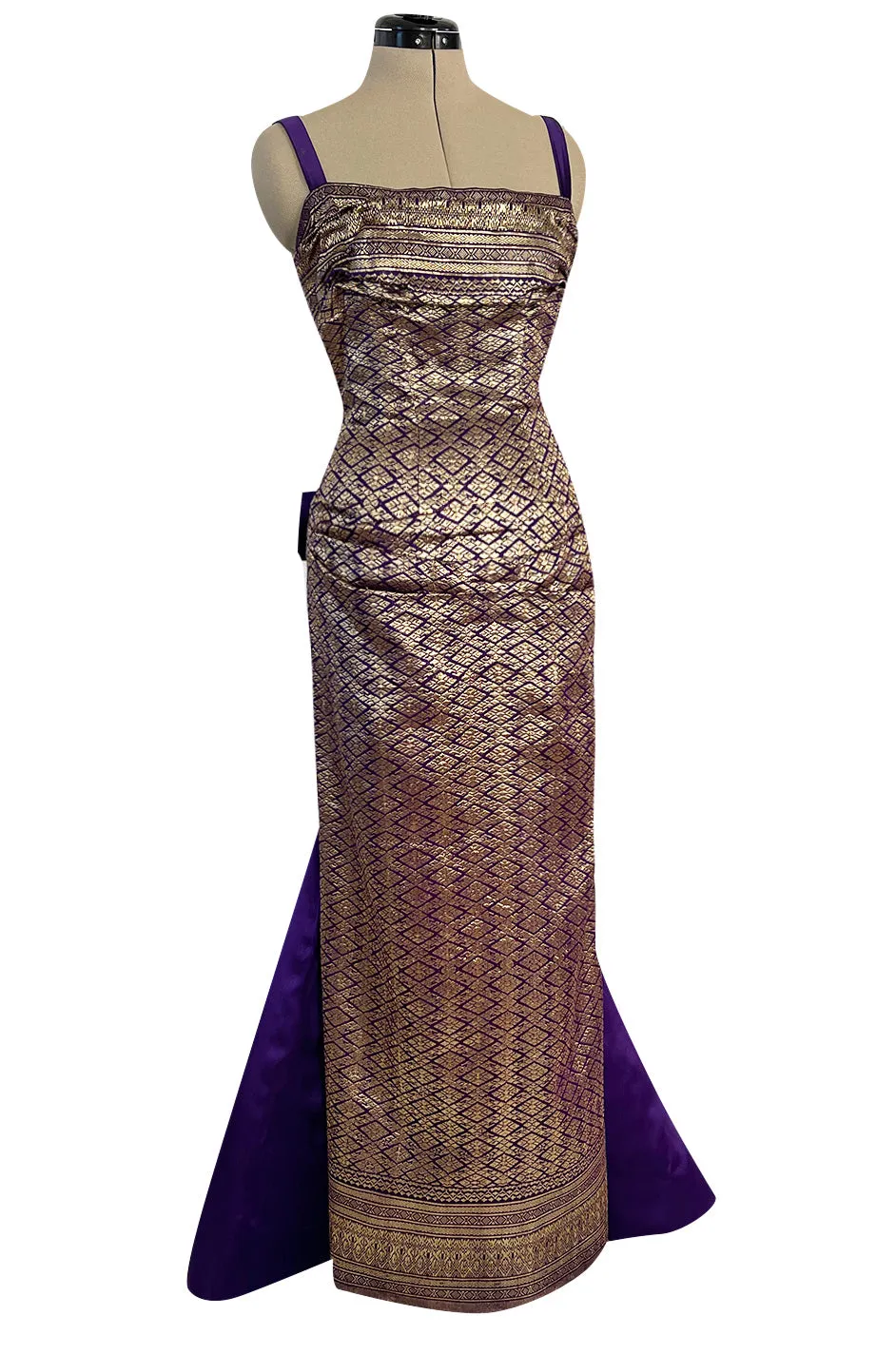 Divine 1955 Maggie Rouff Haute Couture Metallic Gold Silk Brocade Dress w Purple Silk Back Skirt