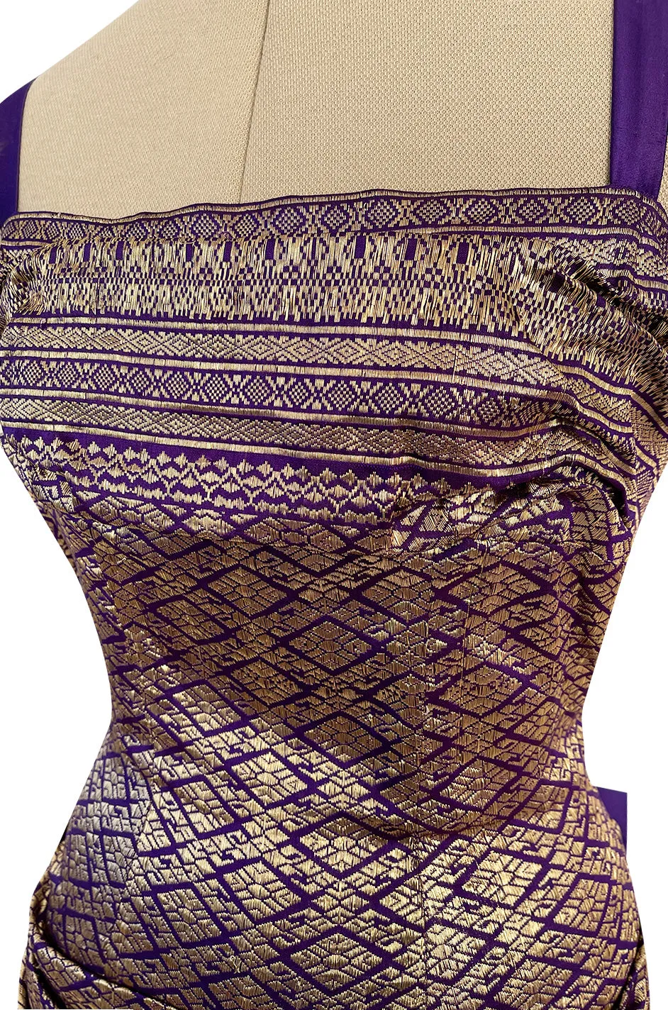 Divine 1955 Maggie Rouff Haute Couture Metallic Gold Silk Brocade Dress w Purple Silk Back Skirt