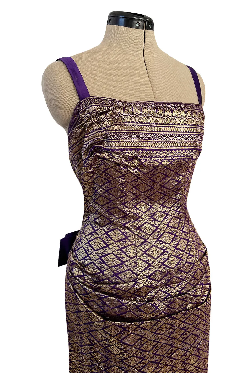 Divine 1955 Maggie Rouff Haute Couture Metallic Gold Silk Brocade Dress w Purple Silk Back Skirt