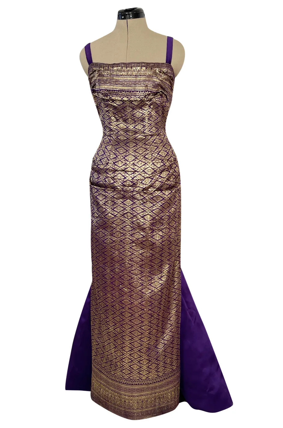 Divine 1955 Maggie Rouff Haute Couture Metallic Gold Silk Brocade Dress w Purple Silk Back Skirt