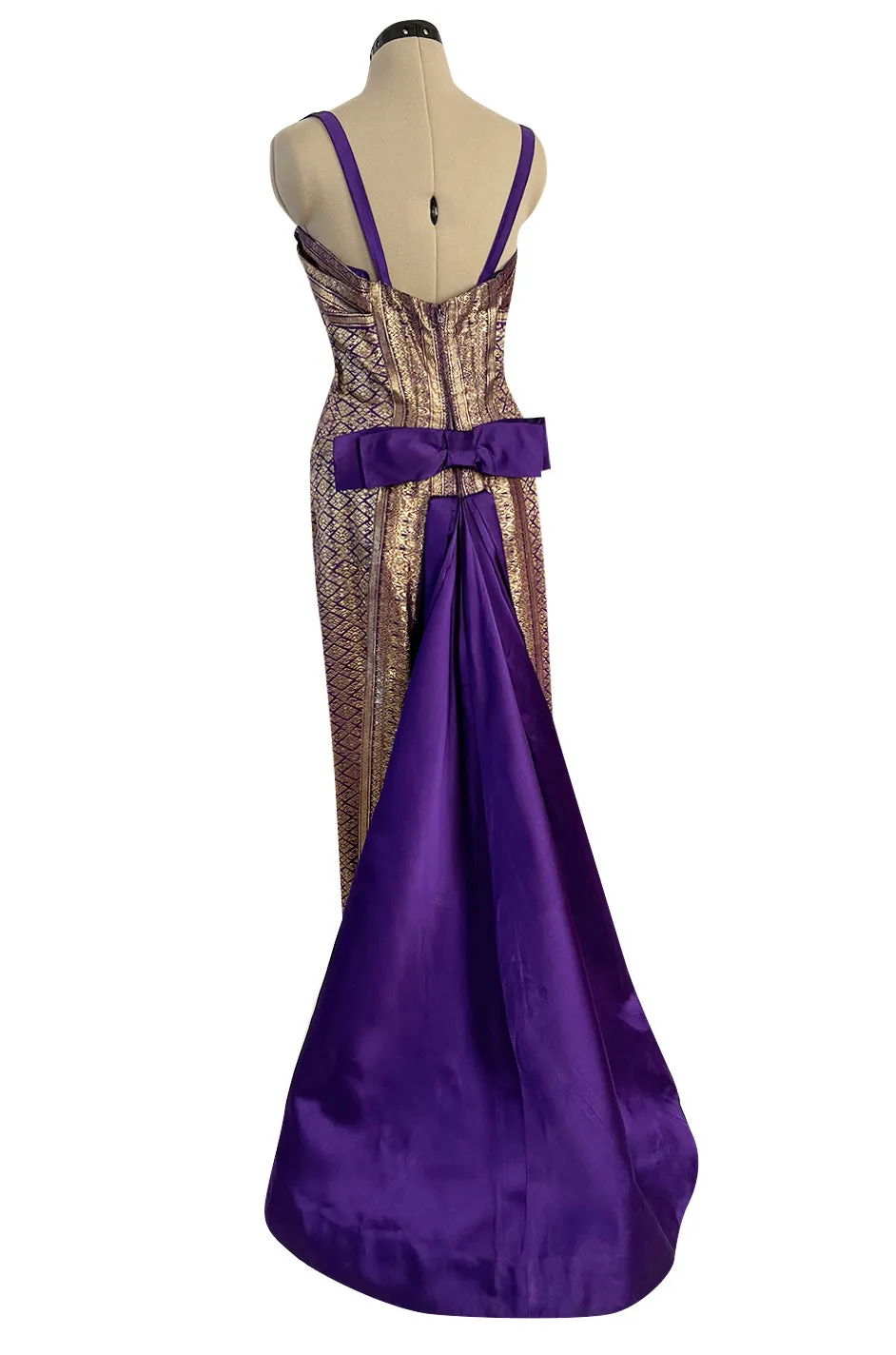 Divine 1955 Maggie Rouff Haute Couture Metallic Gold Silk Brocade Dress w Purple Silk Back Skirt