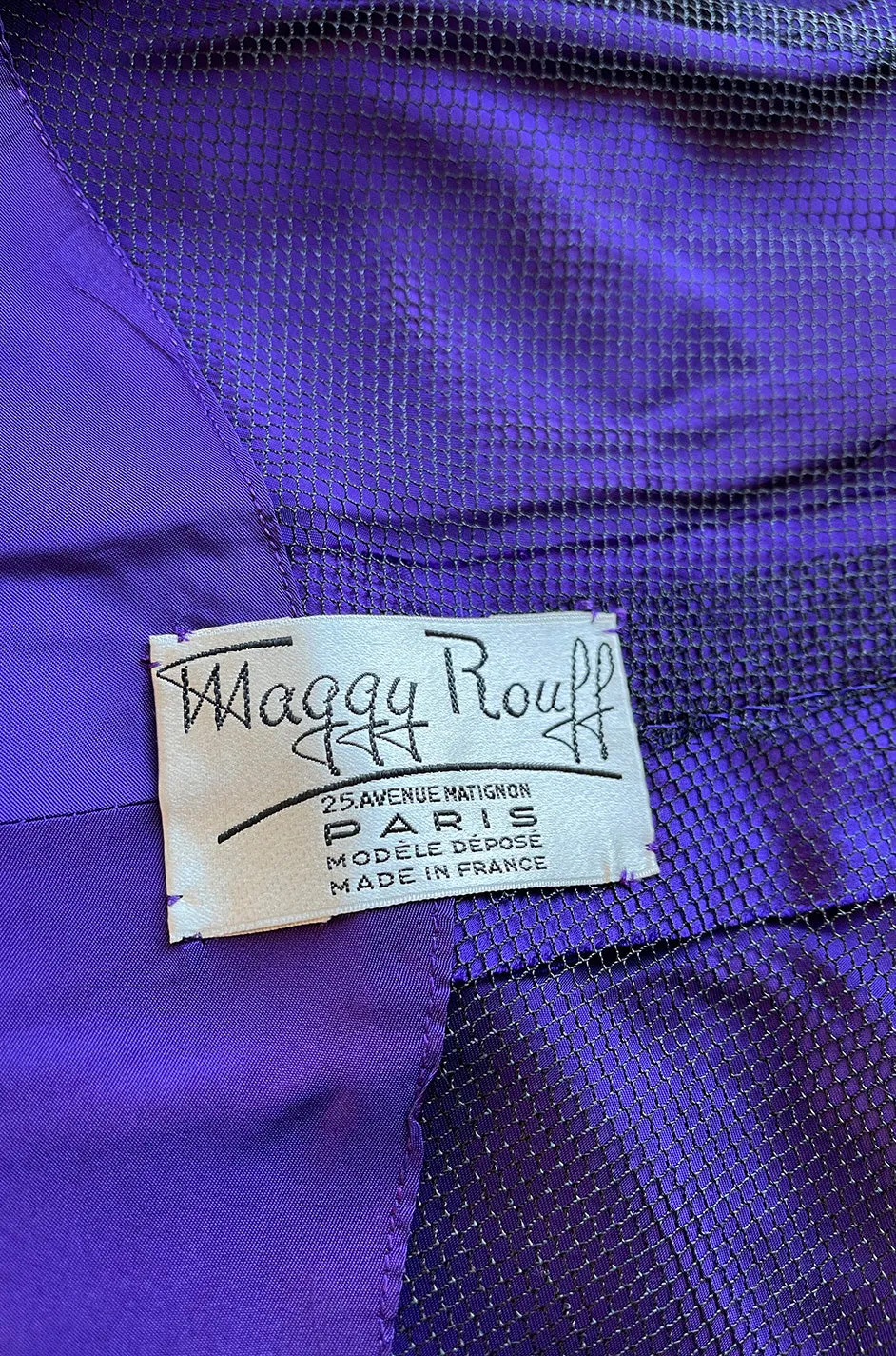 Divine 1955 Maggie Rouff Haute Couture Metallic Gold Silk Brocade Dress w Purple Silk Back Skirt