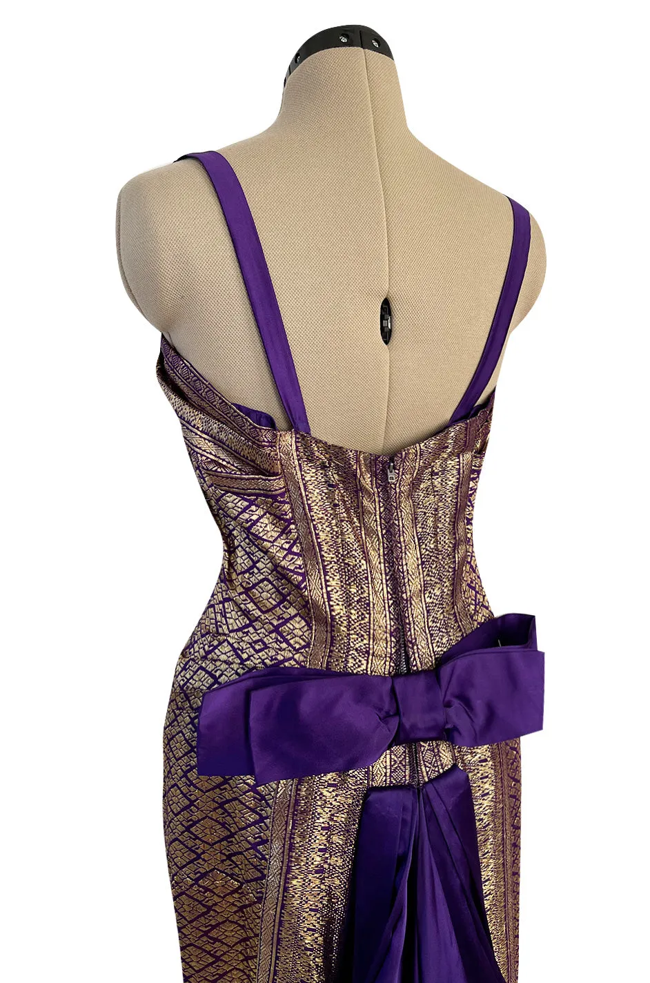 Divine 1955 Maggie Rouff Haute Couture Metallic Gold Silk Brocade Dress w Purple Silk Back Skirt