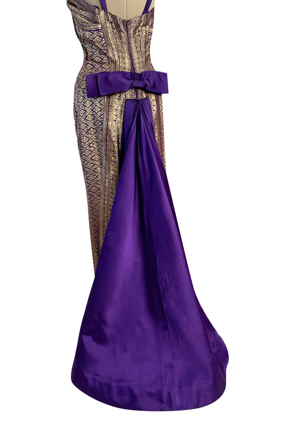Divine 1955 Maggie Rouff Haute Couture Metallic Gold Silk Brocade Dress w Purple Silk Back Skirt