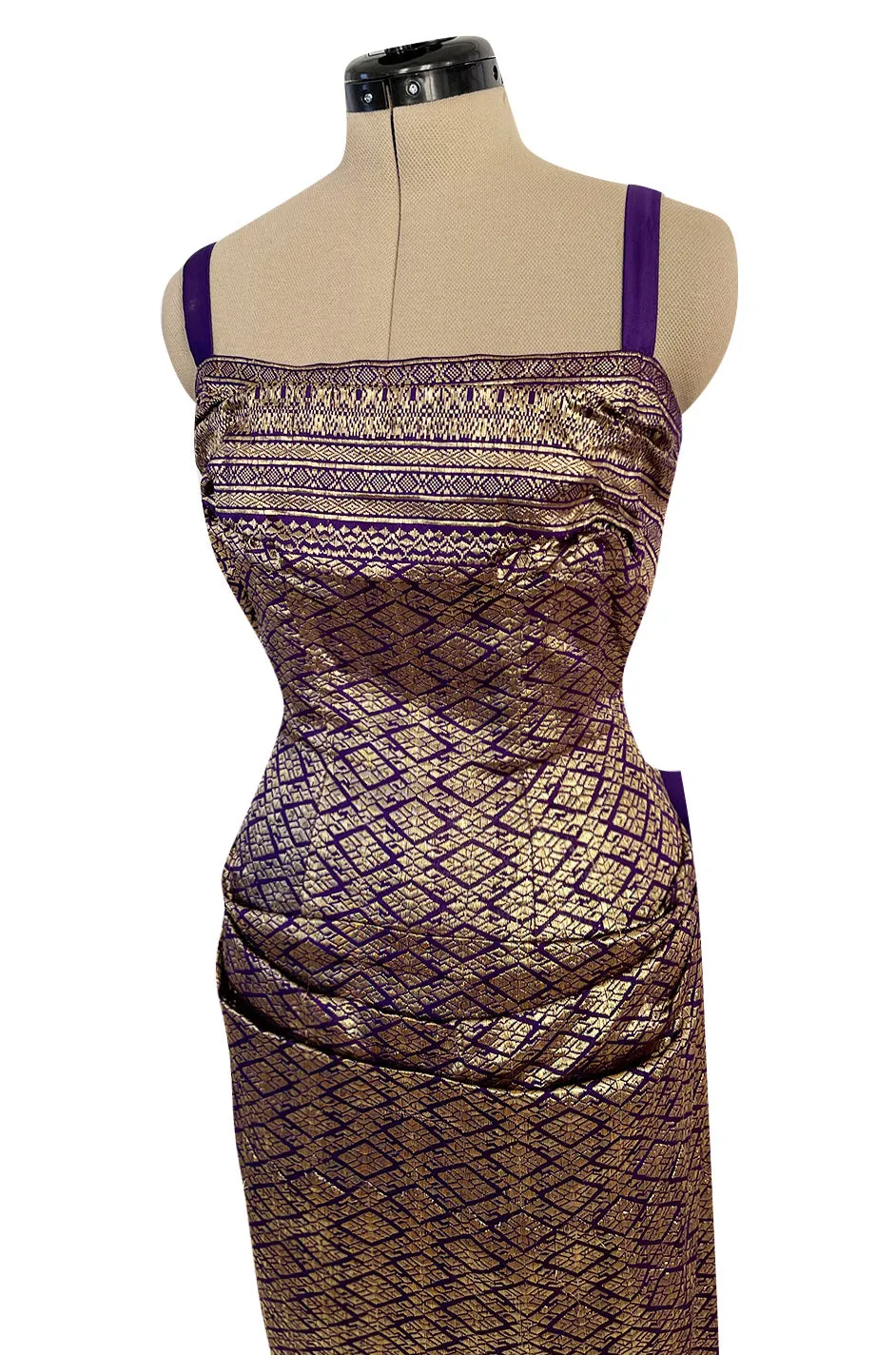 Divine 1955 Maggie Rouff Haute Couture Metallic Gold Silk Brocade Dress w Purple Silk Back Skirt