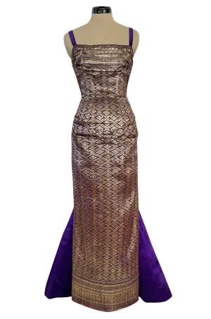 Divine 1955 Maggie Rouff Haute Couture Metallic Gold Silk Brocade Dress w Purple Silk Back Skirt