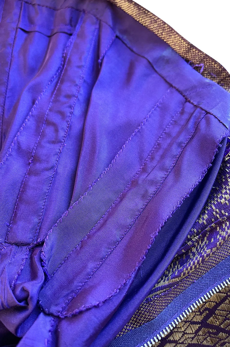 Divine 1955 Maggie Rouff Haute Couture Metallic Gold Silk Brocade Dress w Purple Silk Back Skirt