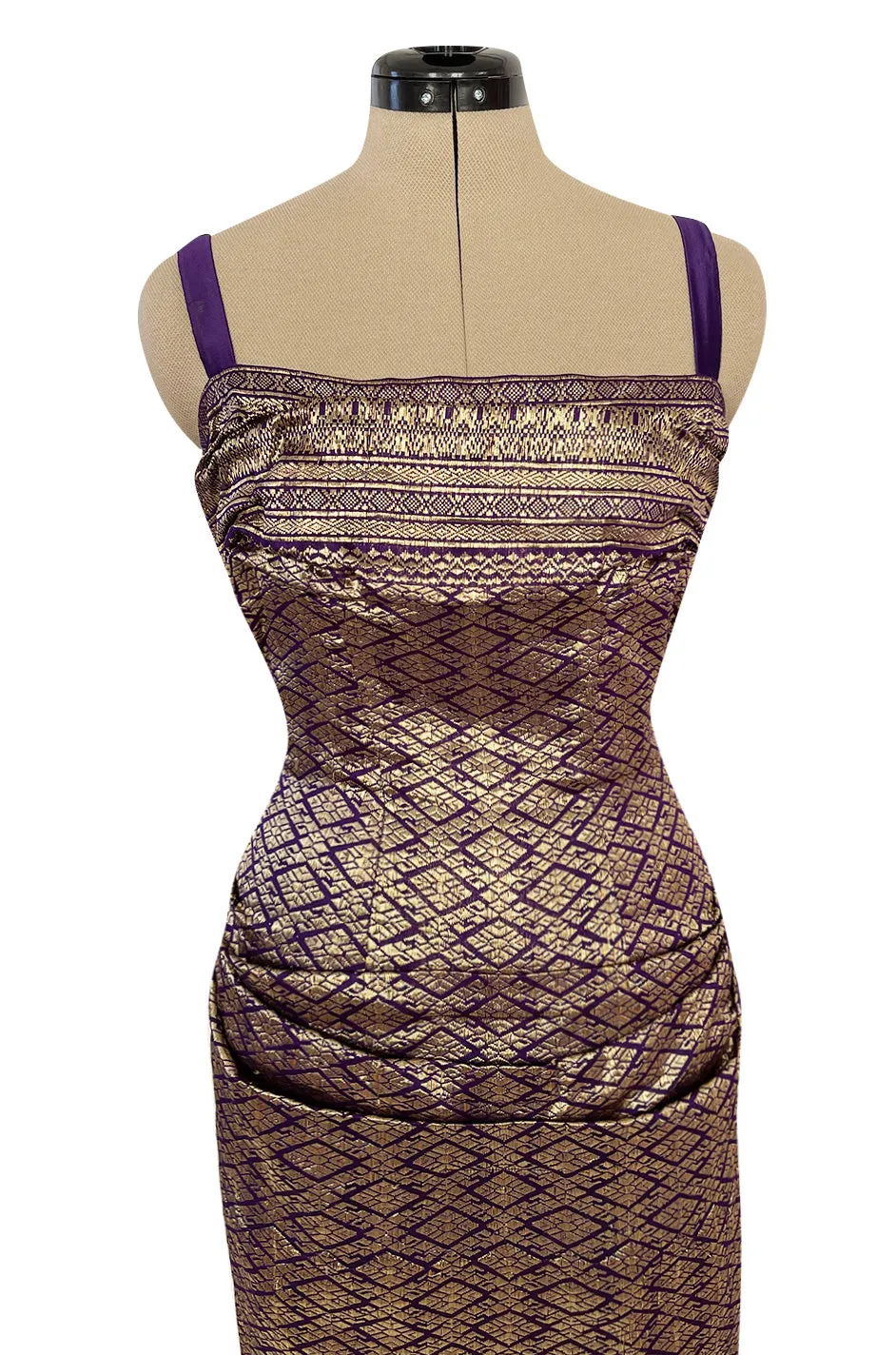 Divine 1955 Maggie Rouff Haute Couture Metallic Gold Silk Brocade Dress w Purple Silk Back Skirt