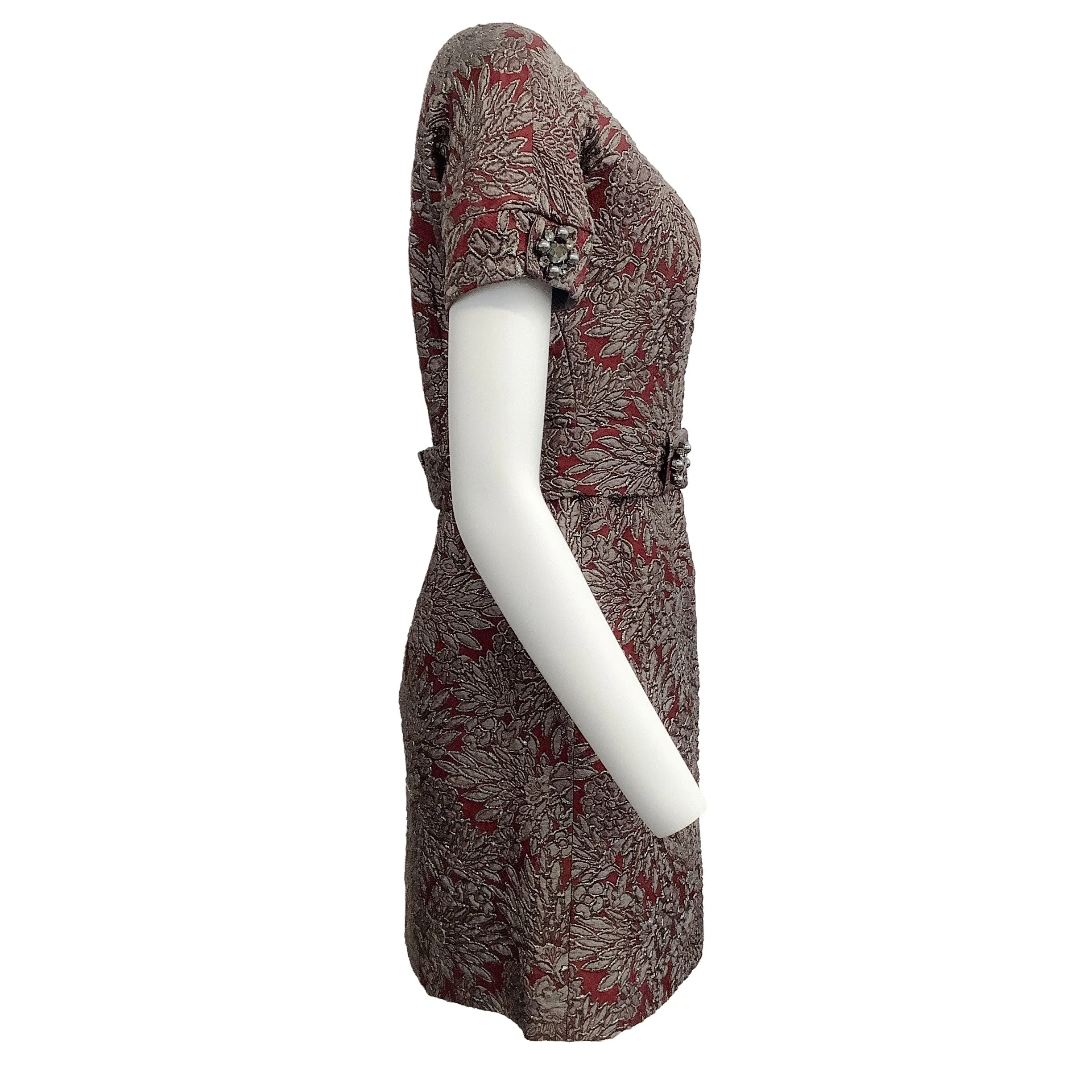 Dolce & Gabbana Burgundy / Grey Jacquard with Belt Cocktail Dress