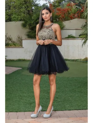DQ 2156 - Short Homecoming Dress with Lace Appliqué High Neck & Tulle Skirt