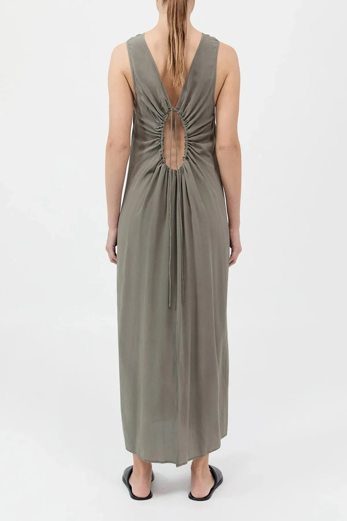 Drawstring Silk Dress in Smokey Olive