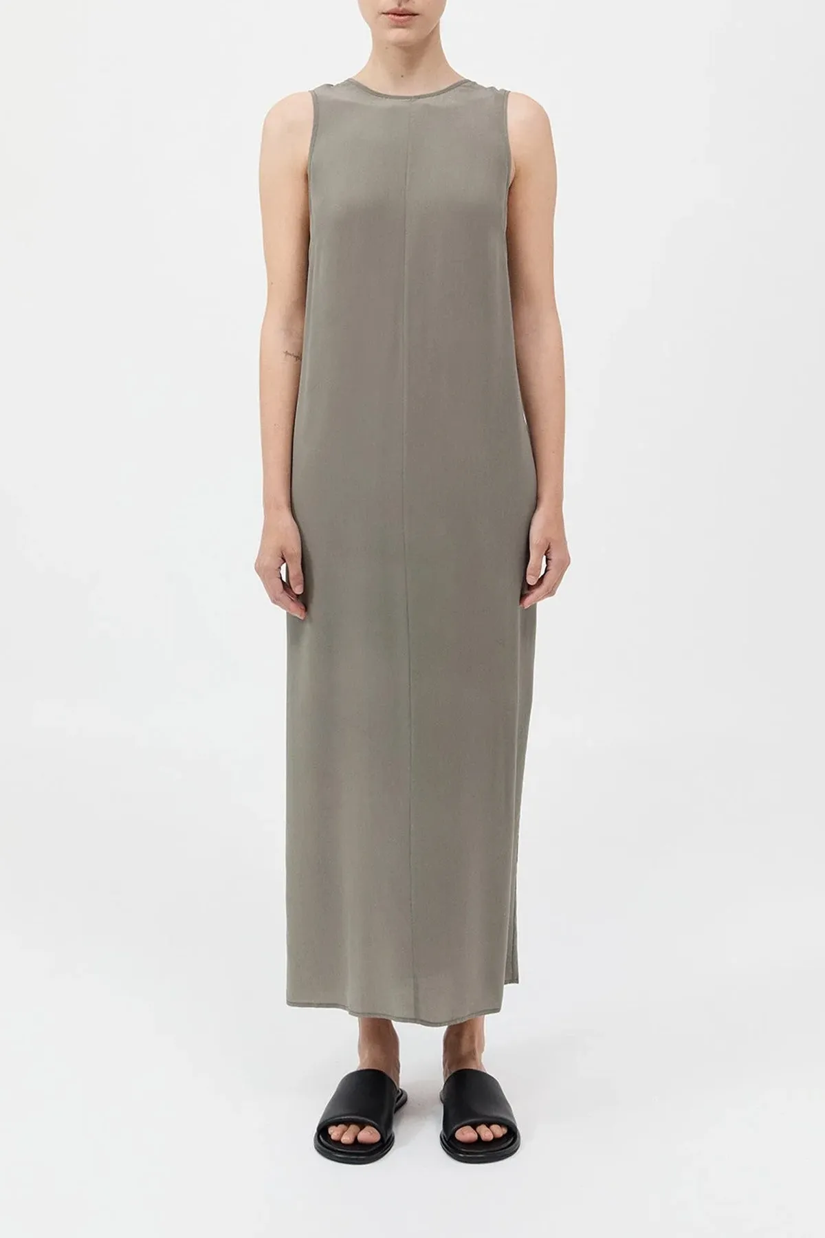 Drawstring Silk Dress in Smokey Olive