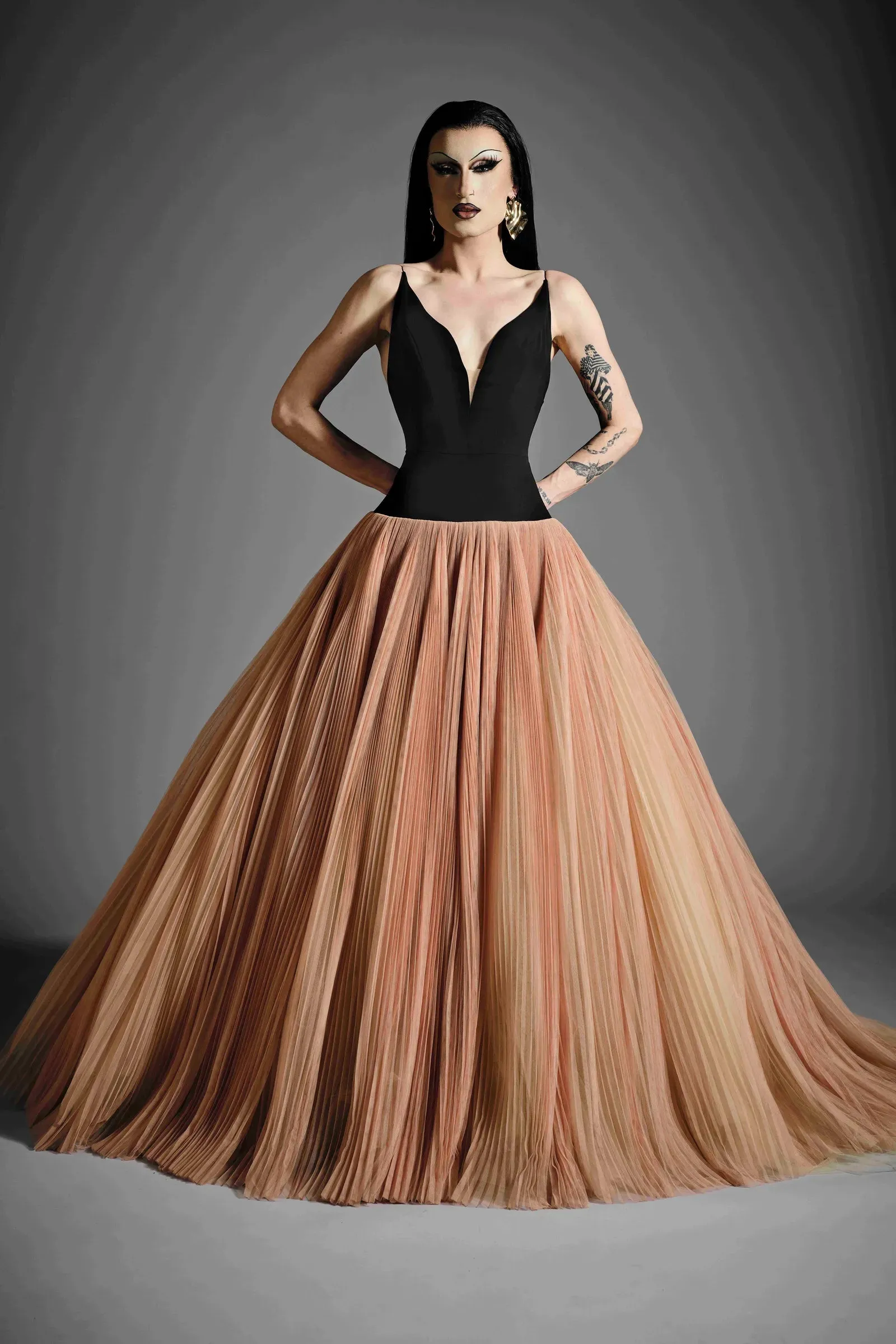 Drop Waist Pleated Tulle Ball Gown