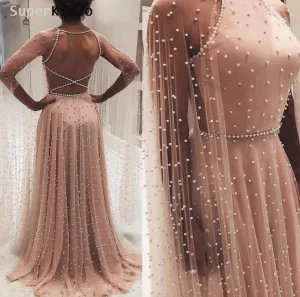 Dubai caftan 2020 dusty pink prom dresses long elegant beaded peals o neck cheap prom gown robe de soiree