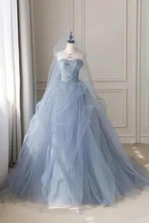 Dusty Blue Sweetheart A-Line Strapless Tulle Party Gown