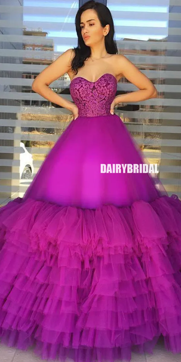 Elegant A-line Tulle Sweetheart Lace Long Prom Dresses, FC4204