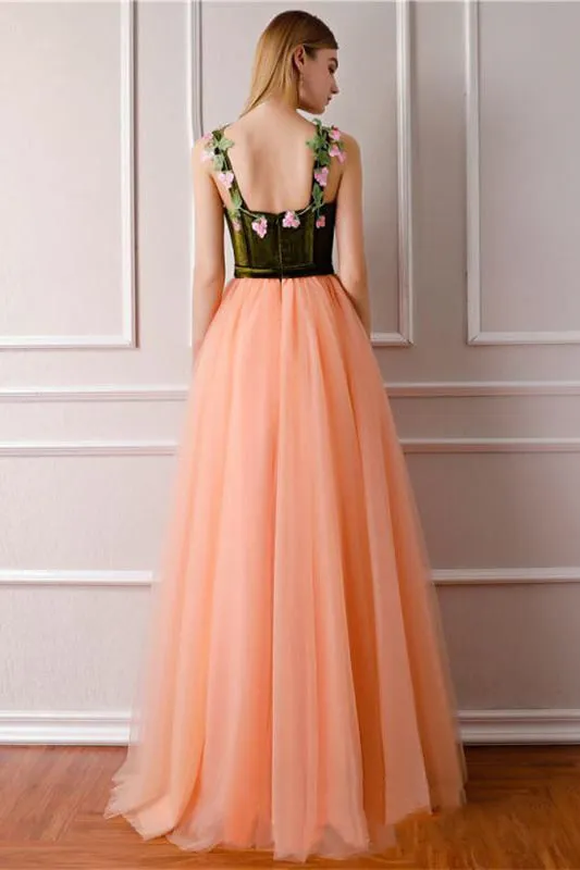 Elegant A-Line Velvet Top Long Prom Gown with Appliques