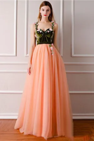 Elegant A-Line Velvet Top Long Prom Gown with Appliques