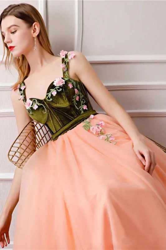 Elegant A-Line Velvet Top Long Prom Gown with Appliques