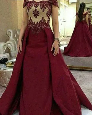 Elegant Burgundy Prom Dresses Off The Shoulder Popular 2018 Satin Long Prom Gowns Appliques