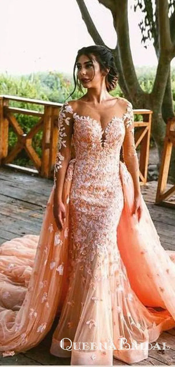 Elegant Long Sleeves Lace Long Cheap Mermaid Prom Dresses, QB0667