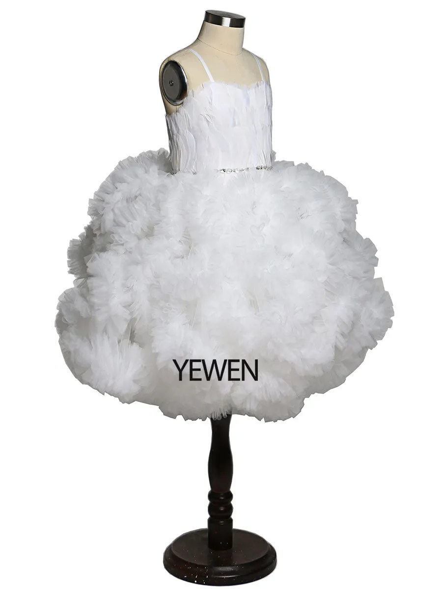 Elegant Off White Feather Flower Girl Pageant Ball Gown First Communion Party Decorations for Kids Robe Fillette Mariage YeWen