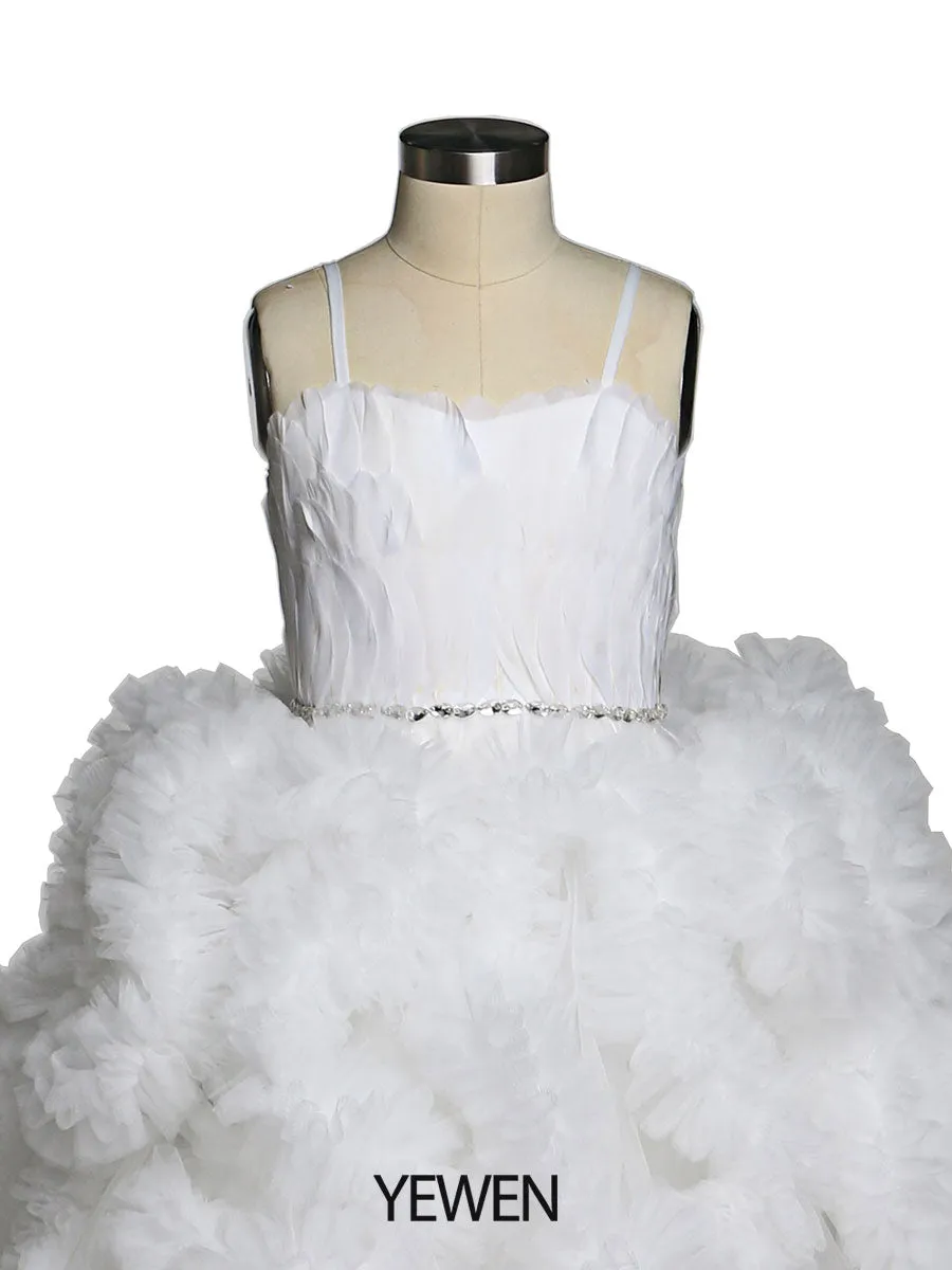 Elegant Off White Feather Flower Girl Pageant Ball Gown First Communion Party Decorations for Kids Robe Fillette Mariage YeWen