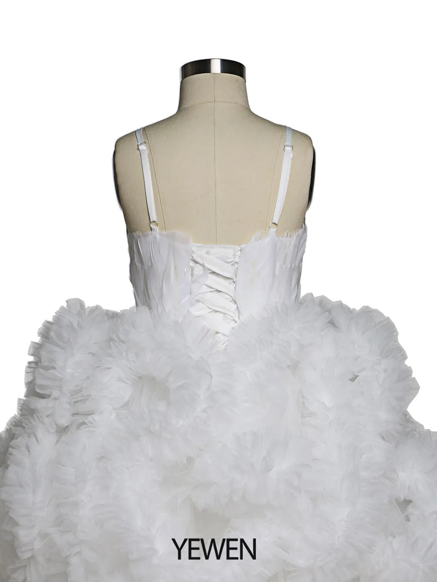 Elegant Off White Feather Flower Girl Pageant Ball Gown First Communion Party Decorations for Kids Robe Fillette Mariage YeWen