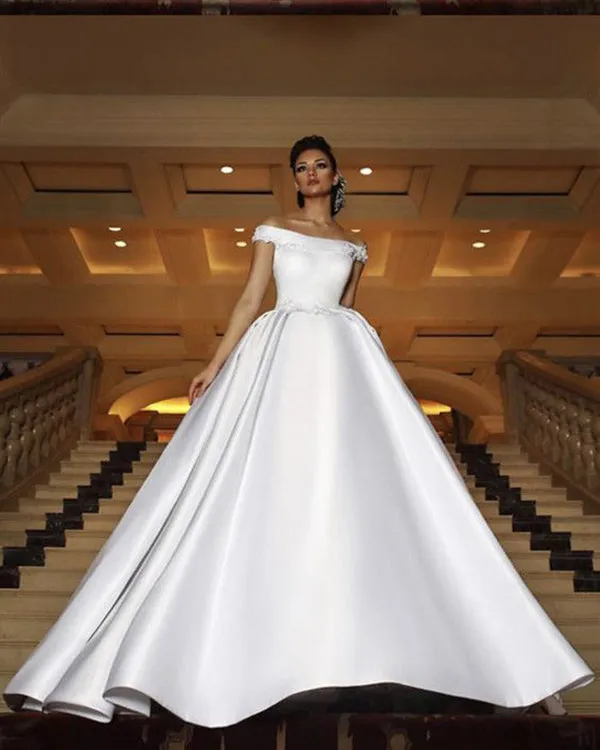 Elegant Satin Wedding Dress Ball Gowns 2019 Off The Shoulder Modest Lace Bridal Gown Cathedral Train