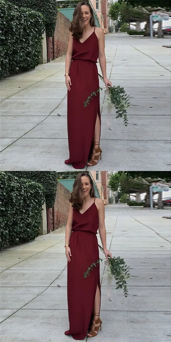Elegant V-Neck Long Cheap Spaghetti Strap Burgundy Bridesmaid Dresses Online, QB0008