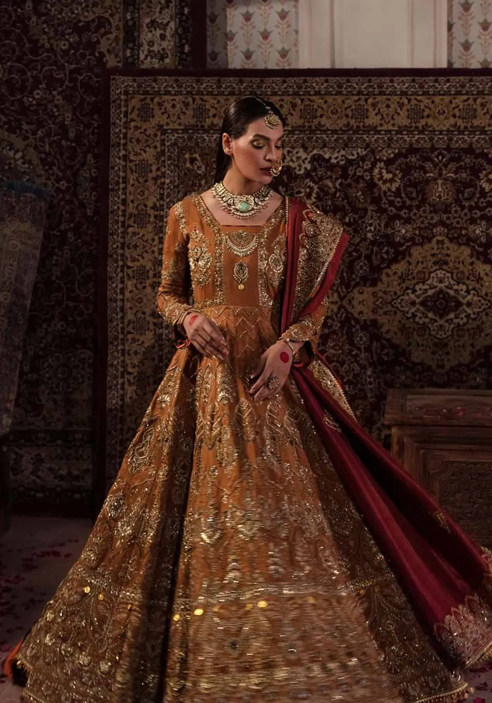Embellished Pakistani Bridal Pishwas Frock and Dupatta