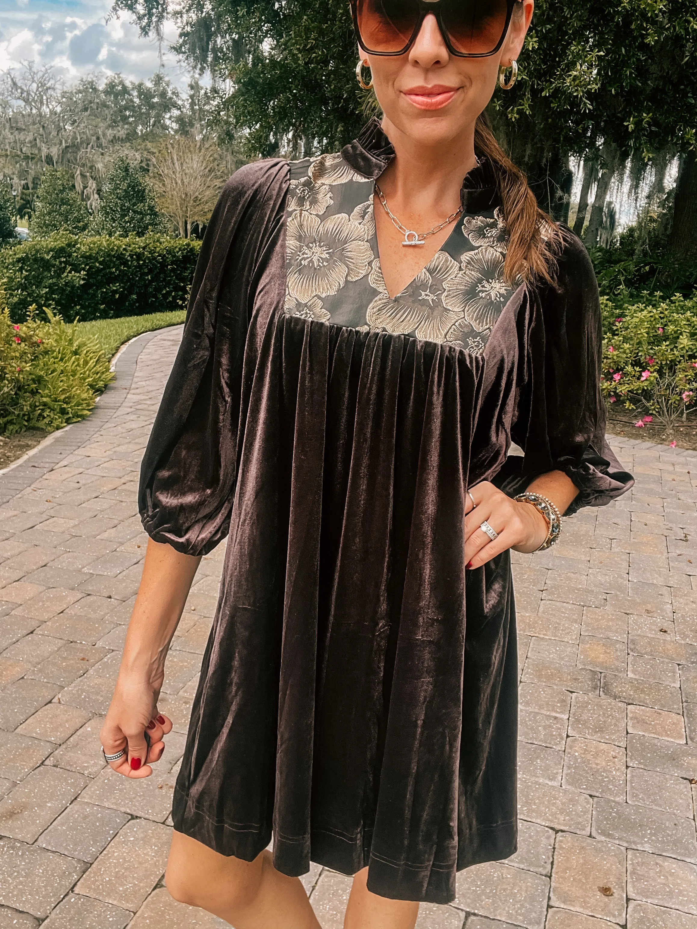 Espresso Velvet Floral Embroidered Yoke Dress