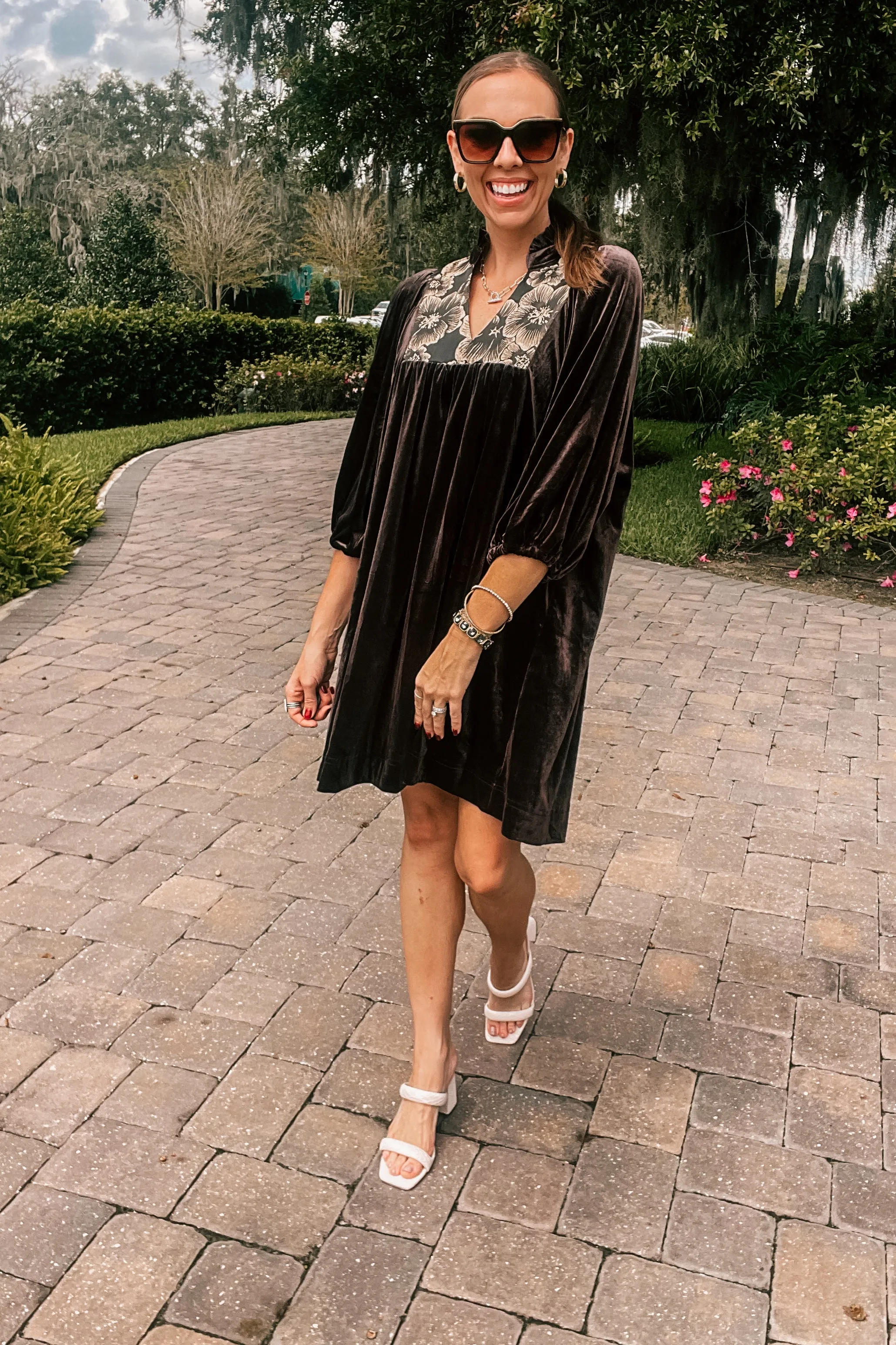 Espresso Velvet Floral Embroidered Yoke Dress