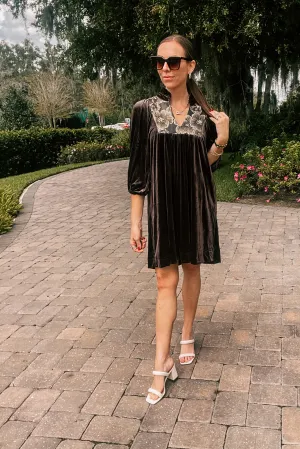 Espresso Velvet Floral Embroidered Yoke Dress