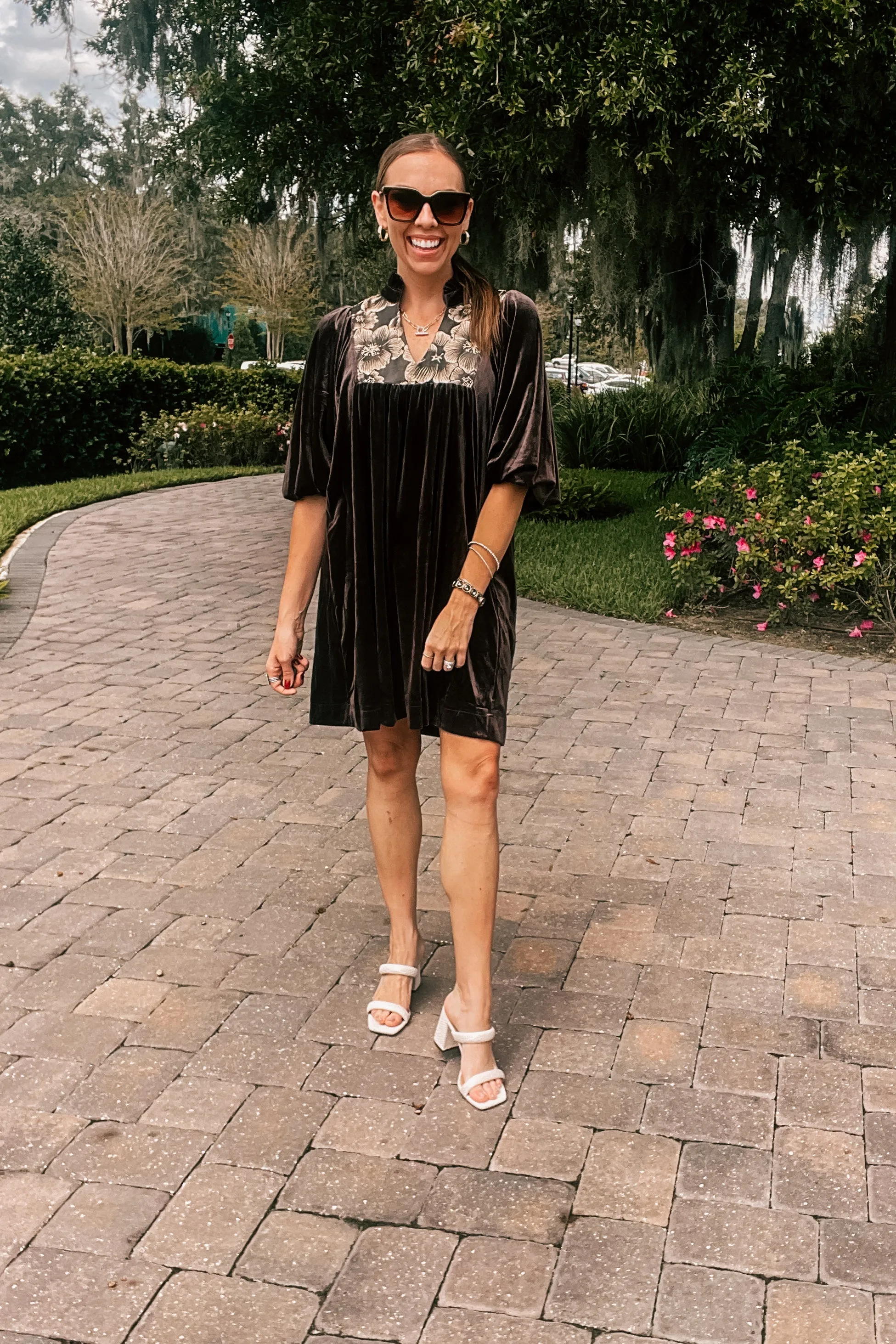 Espresso Velvet Floral Embroidered Yoke Dress