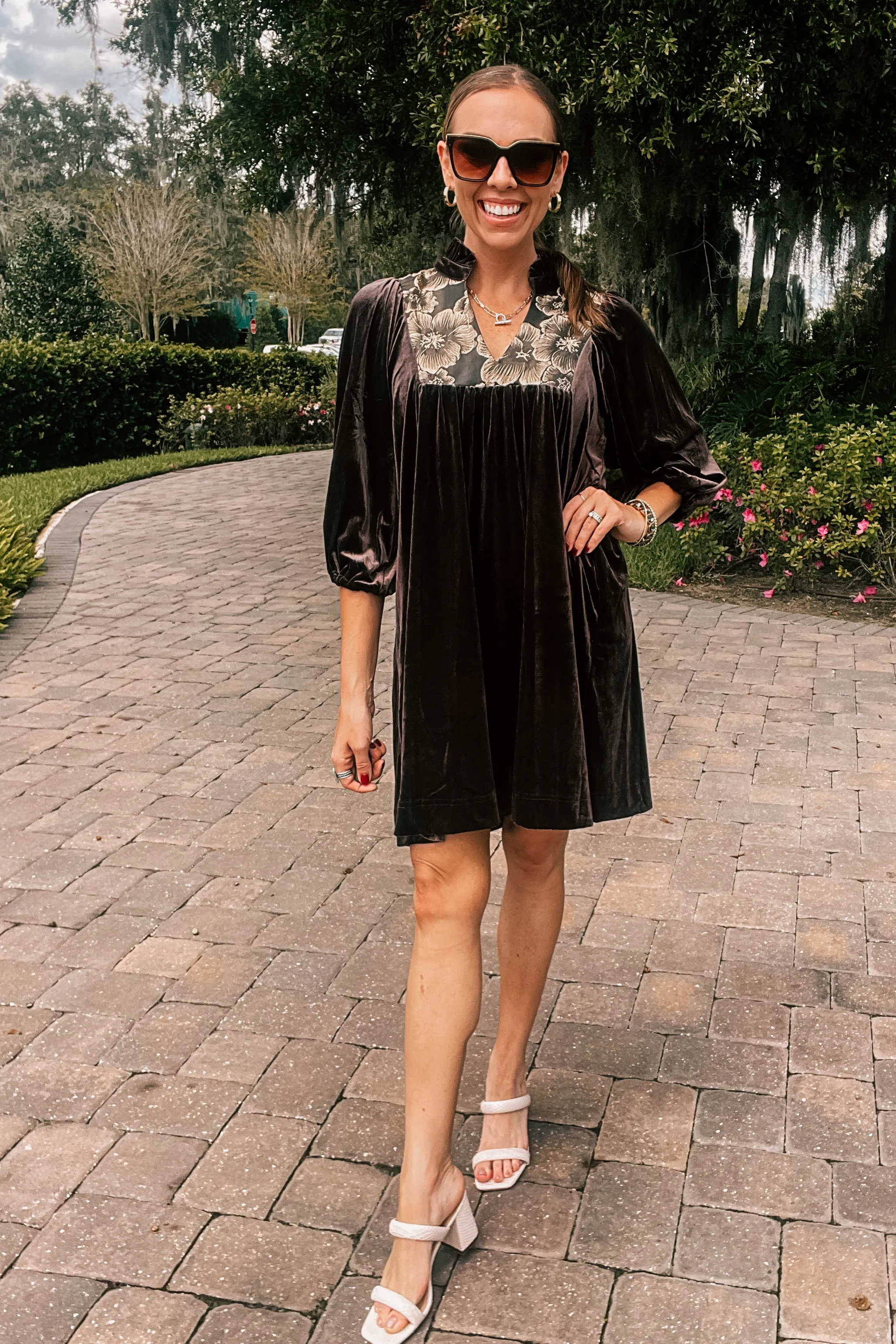 Espresso Velvet Floral Embroidered Yoke Dress