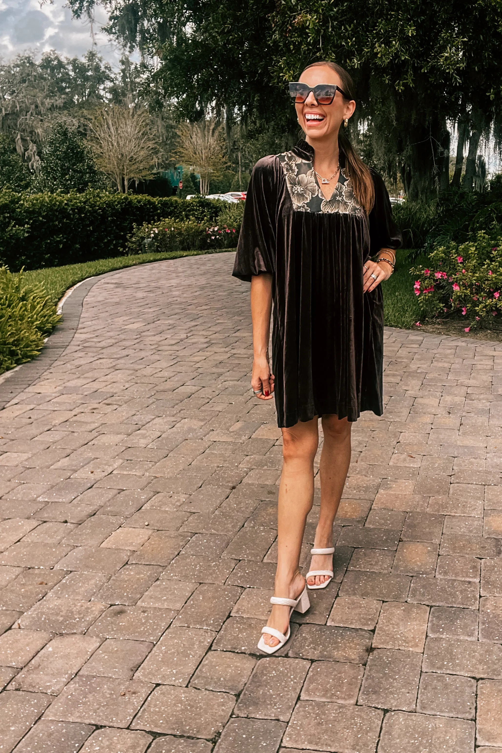 Espresso Velvet Floral Embroidered Yoke Dress
