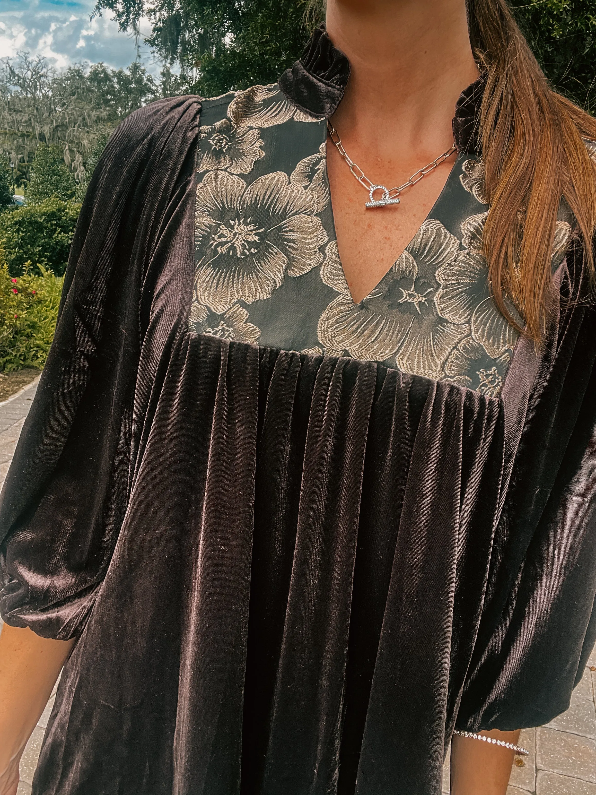 Espresso Velvet Floral Embroidered Yoke Dress