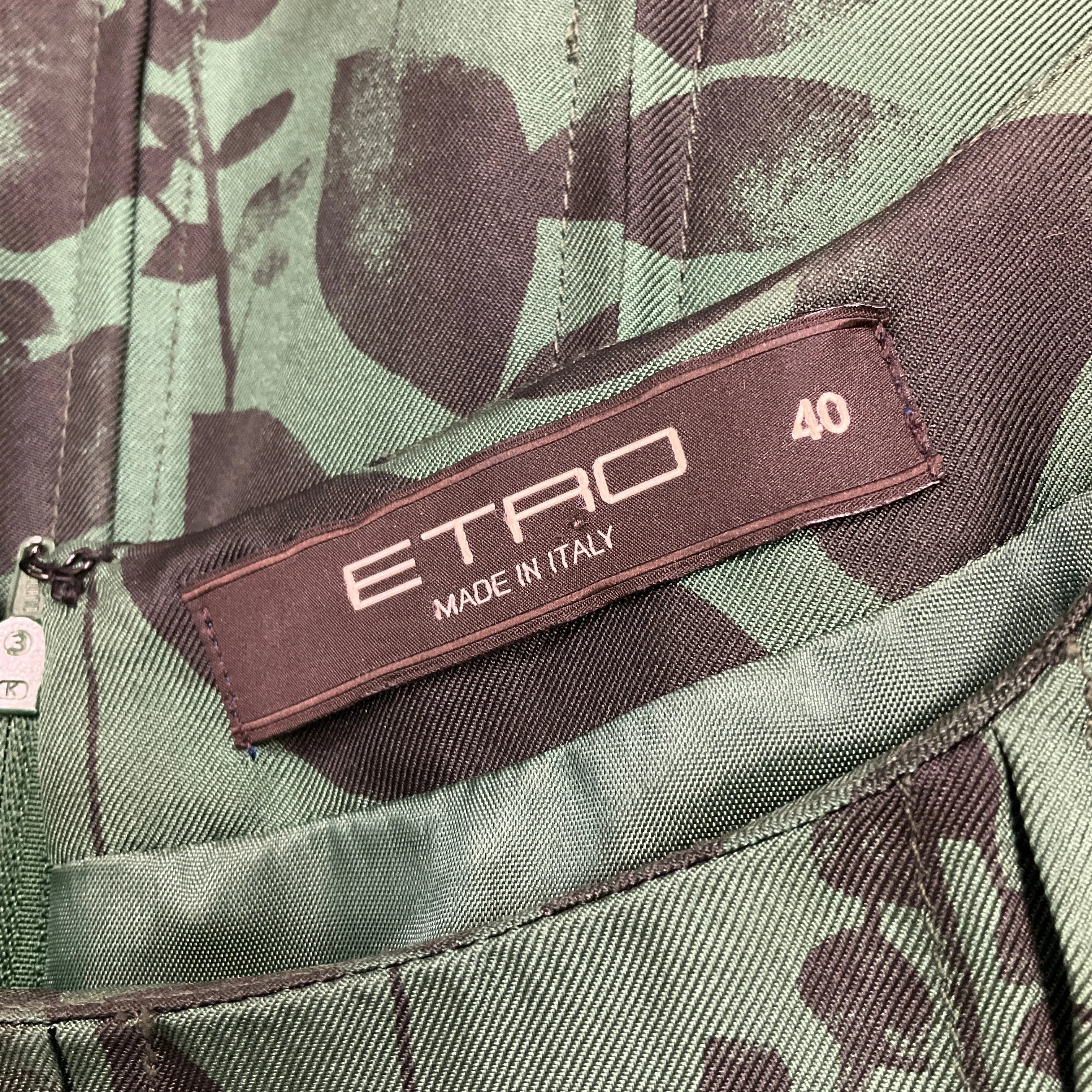 Etro Green / Black Leaf Print Sleeveless Silk Dress