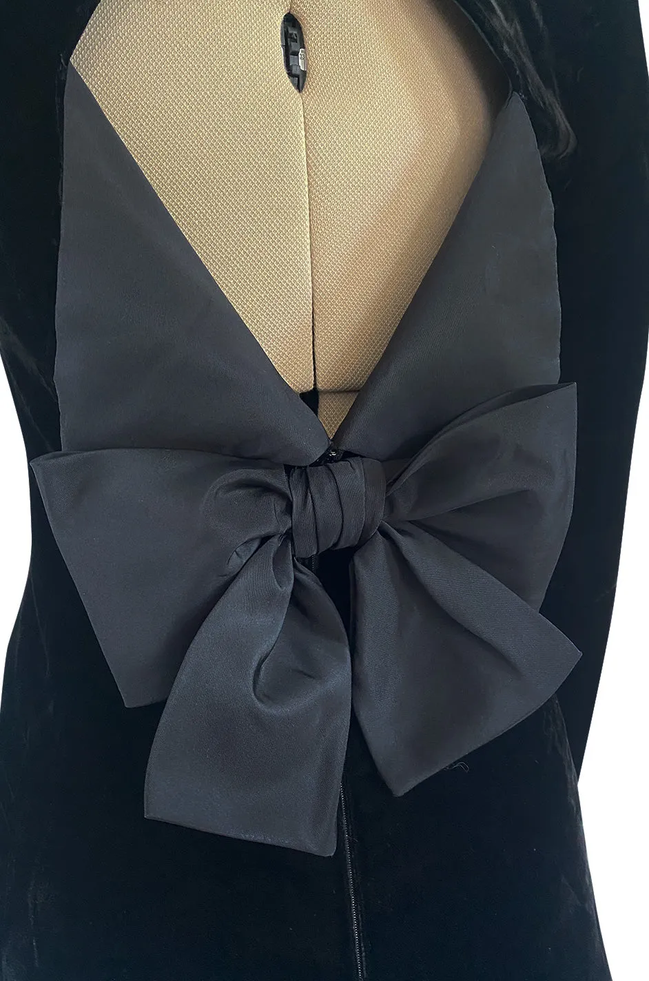 Exceptional 1980s Ady Couture Lausanne Black Velvet Dress w Open Back & Bows