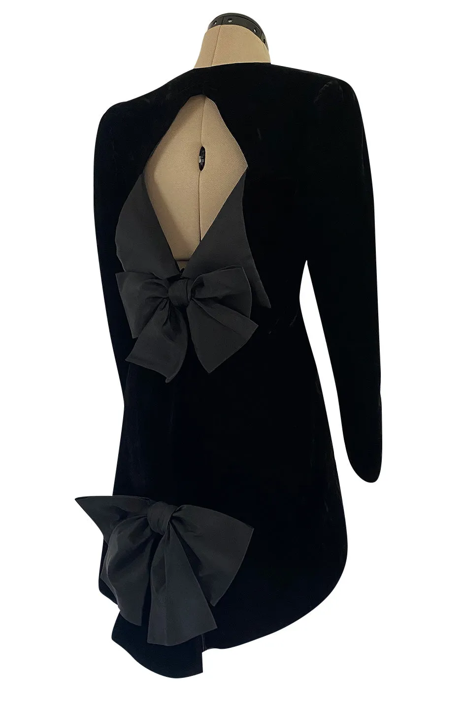Exceptional 1980s Ady Couture Lausanne Black Velvet Dress w Open Back & Bows