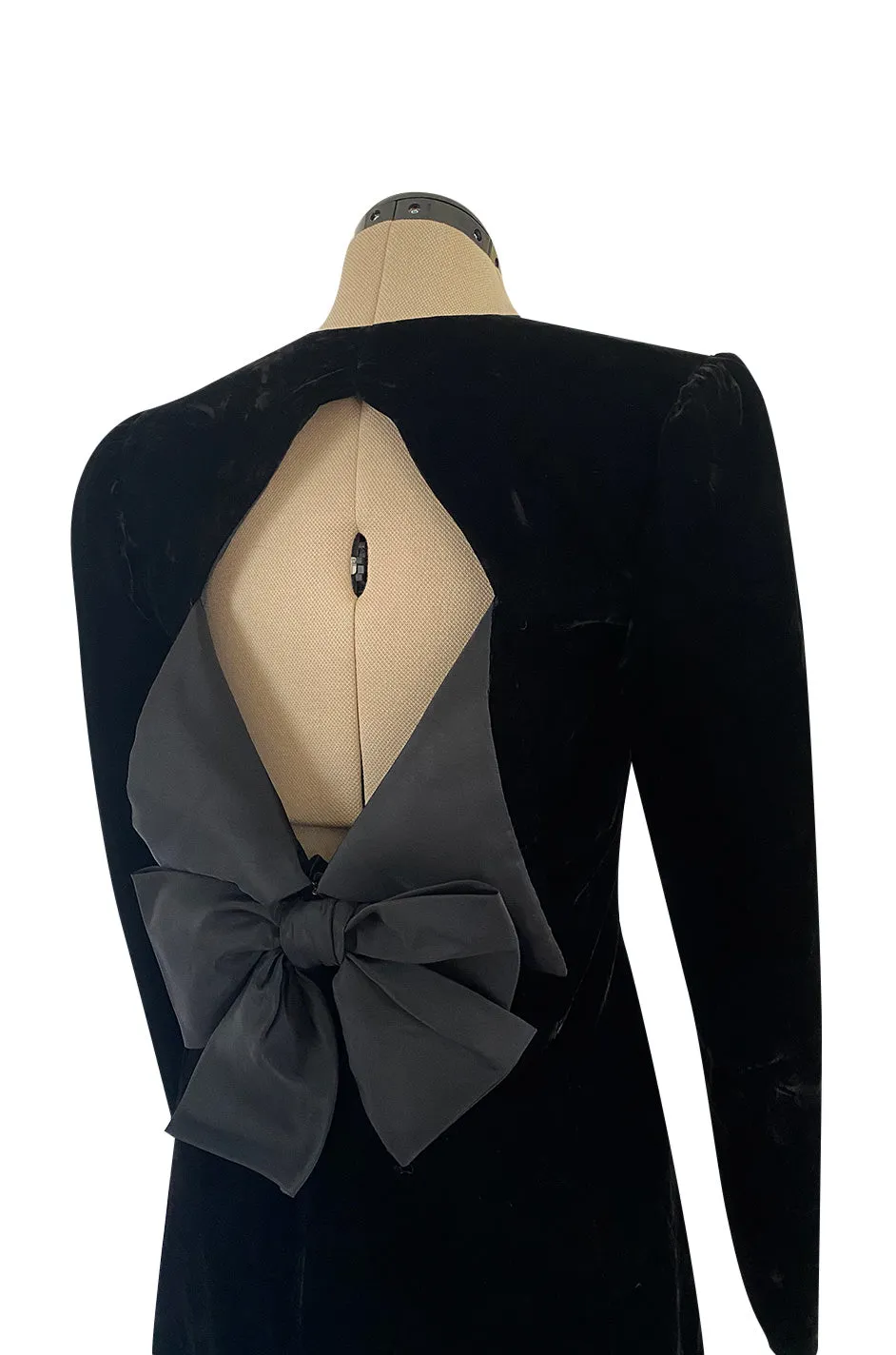 Exceptional 1980s Ady Couture Lausanne Black Velvet Dress w Open Back & Bows