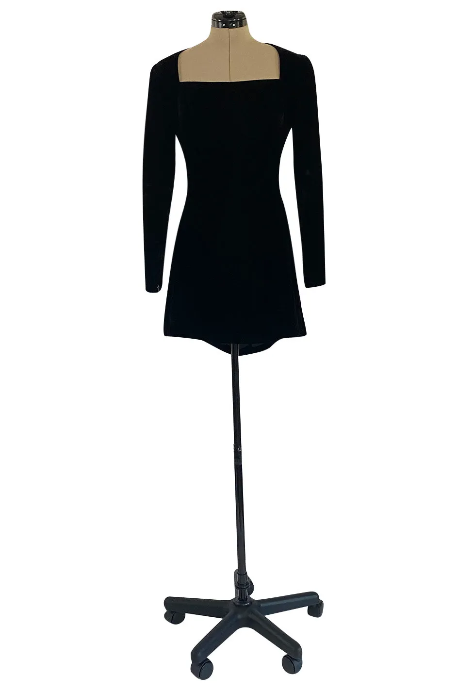 Exceptional 1980s Ady Couture Lausanne Black Velvet Dress w Open Back & Bows