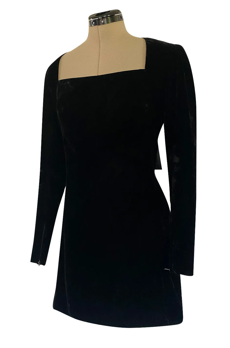 Exceptional 1980s Ady Couture Lausanne Black Velvet Dress w Open Back & Bows