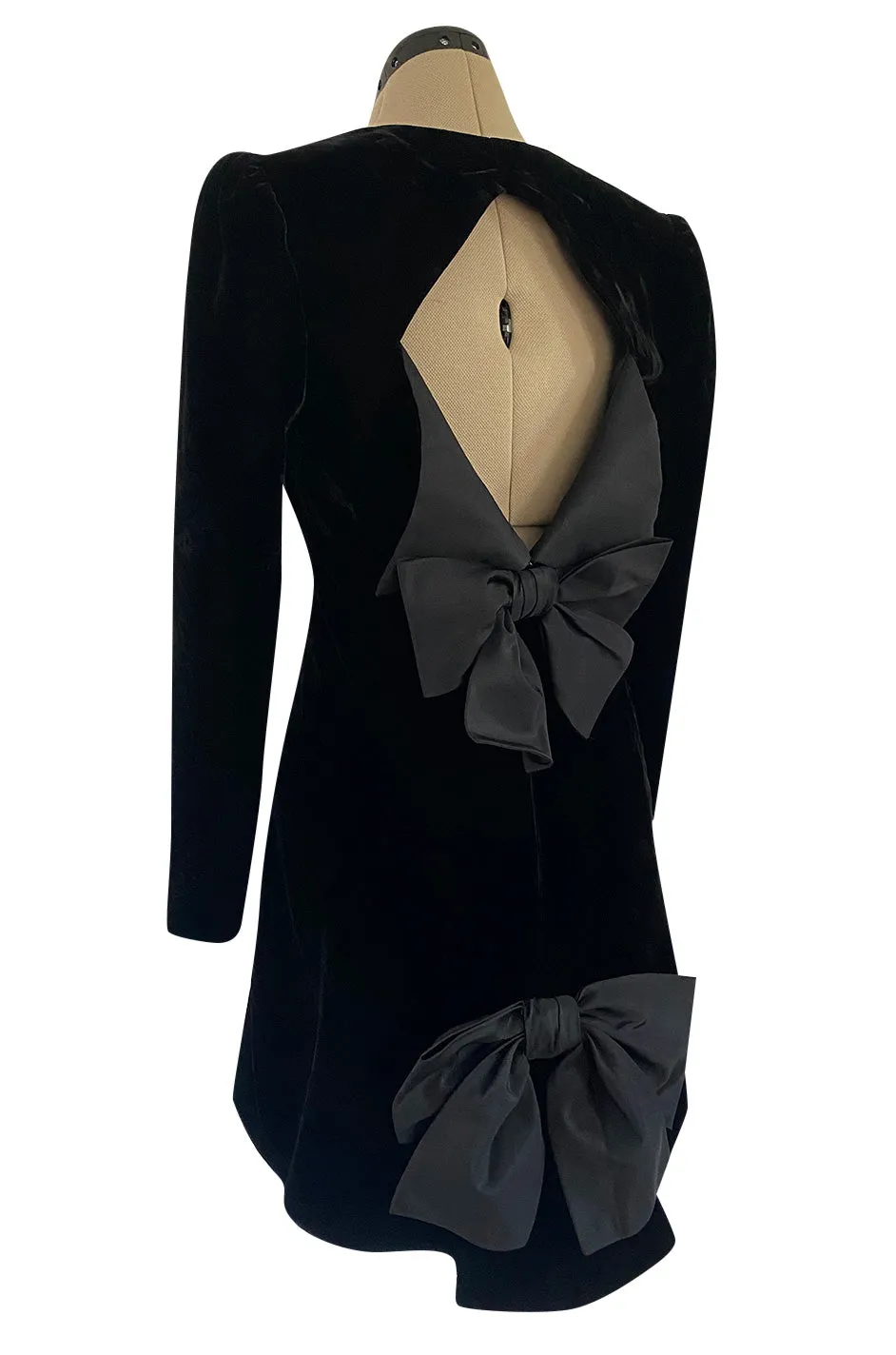 Exceptional 1980s Ady Couture Lausanne Black Velvet Dress w Open Back & Bows